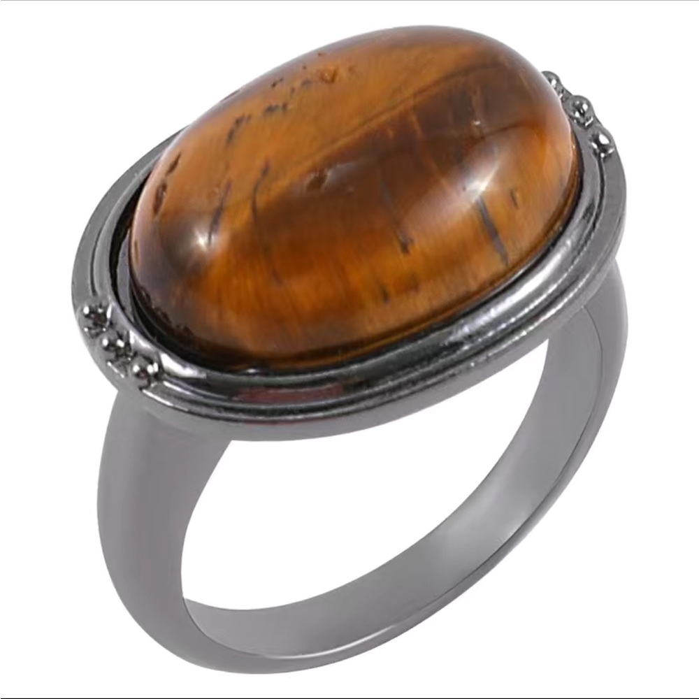 Tiger Eye Brown Solitaire and Silver Ring